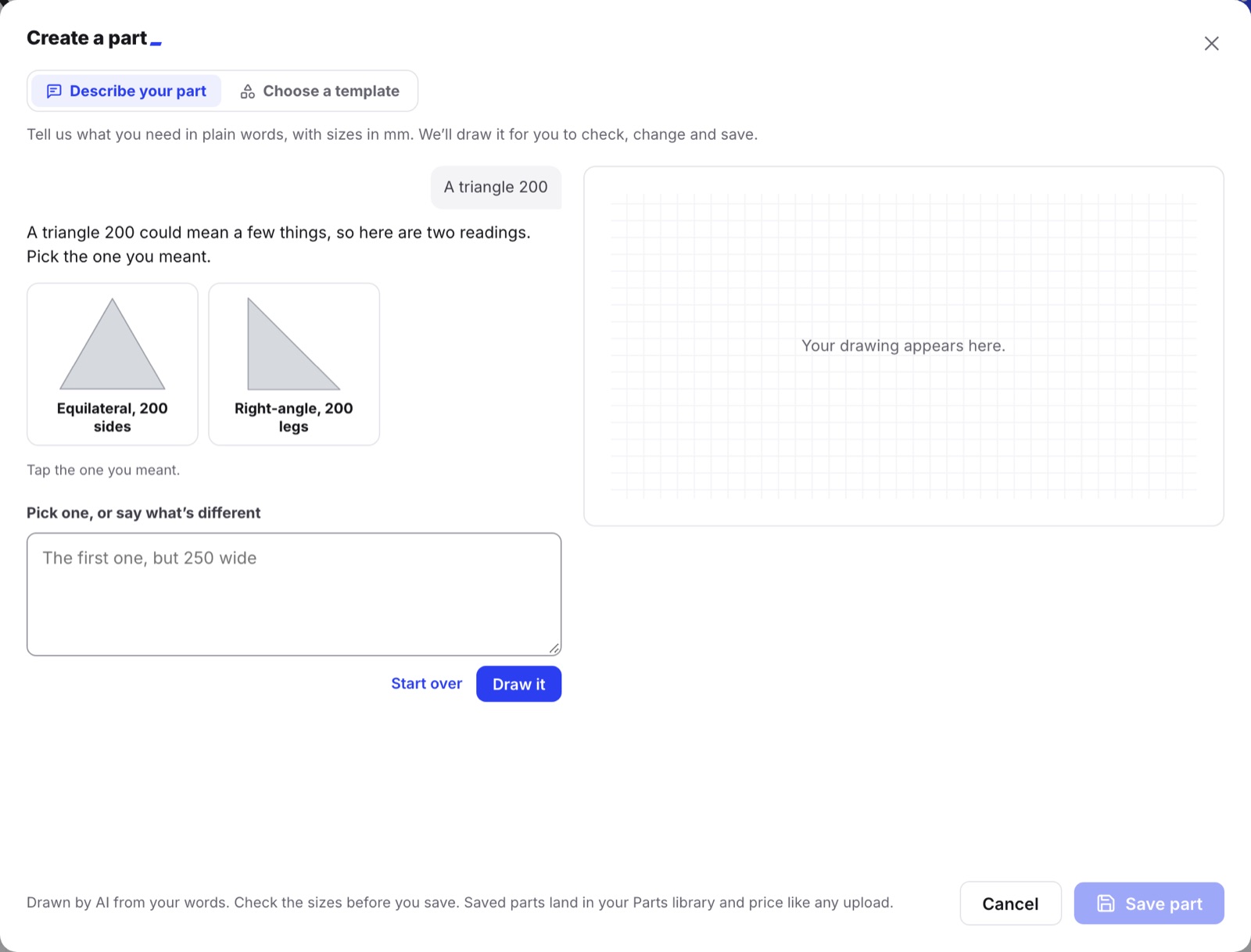 Two small drawings to choose from: an equilateral triangle with 200 mm sides and a right-angle triangle with 200 mm legs, with the drawing area still empty