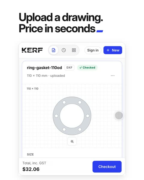 Video: a ring gasket drawing is uploaded to the KERF quote page and priced, then the metal, thickness and quantity change and the total updates.