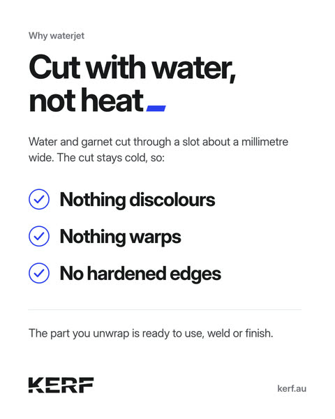 Headline: Cut with water, not heat. Three ticks: nothing discolours, nothing warps, no hardened edges.