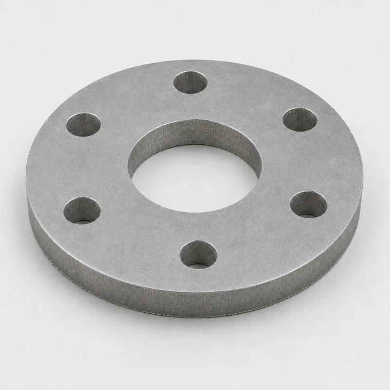 Waterjet-cut aluminium flange plate with six bolt holes